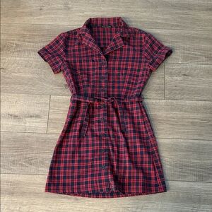 Brandy Melville Red and Navy Plaid Thick Flannel Dress- one size short sleeve
